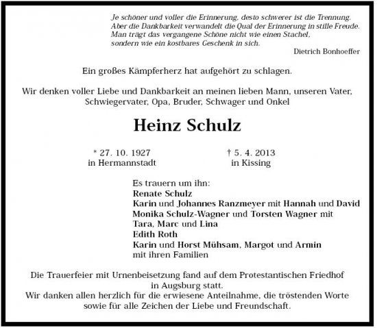 Schulz Heinz 1927-2013 Todesanzeige